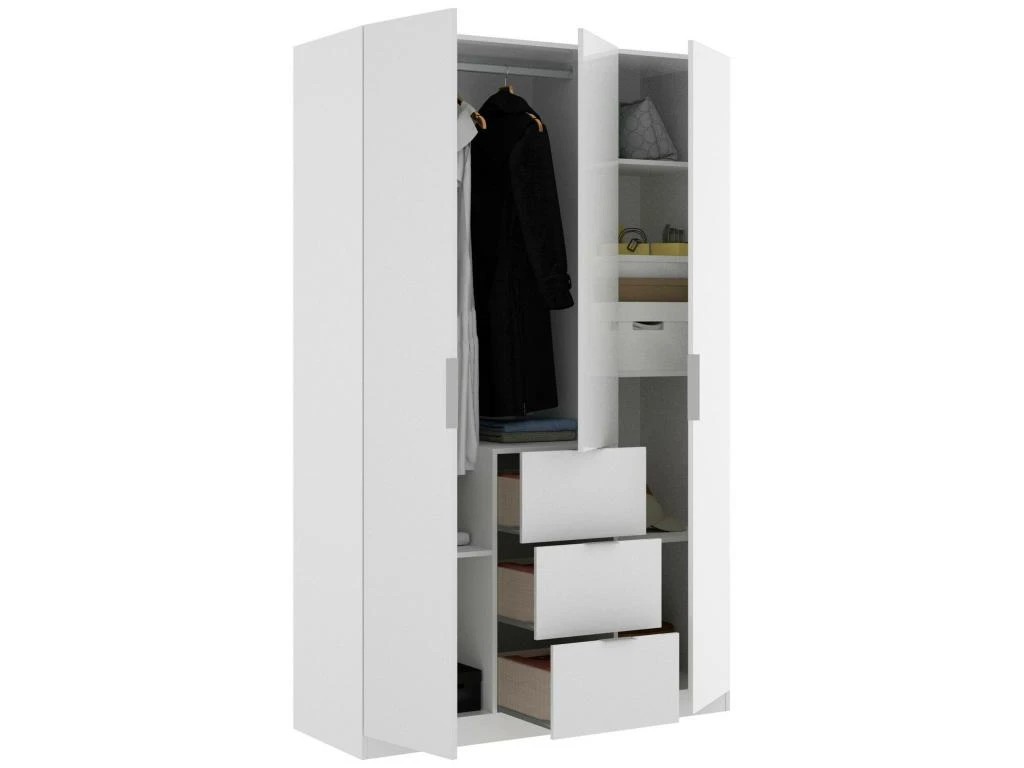 Armoire Falterona, Portemanteau Pour Chambre, Armoire Avec 3 Portes Battantes Et 3 Tiroirs, 135x52h204 Cm, Blanc 7 Armoire Falterona, Portemanteau Pour Chambre, Armoire Avec 3 Portes Battantes Et 3 Tiroirs, 135x52h204 Cm, Blanc – Image 5