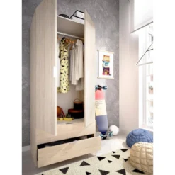 Armoire Pisanino, Portemanteau Pour Chambre, Armoire Avec 2 Portes Battantes Et 2 Tiroirs, 81x52h184 Cm, Chêne -Sominova Soldes Boutique armoire et dressing 22793585