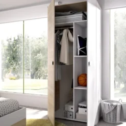 Armoire Jungfrau, Portemanteau Pour Chambre, Armoire Avec 2 Portes Battantes, 90x52h205 Cm, Chêne Et Blanc -Sominova Soldes Boutique armoire et dressing 22793775