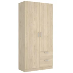 Armoire Velino, Portemanteau Pour Chambre, Armoire Avec 2 Portes Battantes Et 2 Tiroirs, 100x52h215 Cm, Chêne