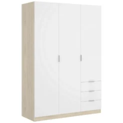 Armoire Cimone, Portemanteau Pour Chambre, Armoire Avec 3 Portes Battantes Et 3 Tiroirs, 121x52h184 Cm, Blanc Et Chêne