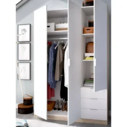 Armoire Cimone, Portemanteau Pour Chambre, Armoire Avec 3 Portes Battantes Et 3 Tiroirs, 121x52h184 Cm, Blanc Et Chêne -Sominova Soldes Boutique armoire et dressing 22794055