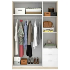 Armoire Cimone, Portemanteau Pour Chambre, Armoire Avec 3 Portes Battantes Et 3 Tiroirs, 121x52h184 Cm, Blanc Et Chêne -Sominova Soldes Boutique armoire et dressing 22794057