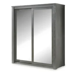 Armoire 2 Portes Coulissantes Miroir/Bois Massif Gris - GABRIEL