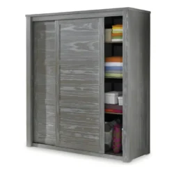 Armoire 2 Portes Coulissantes Bois Massif Gris - GABRIEL