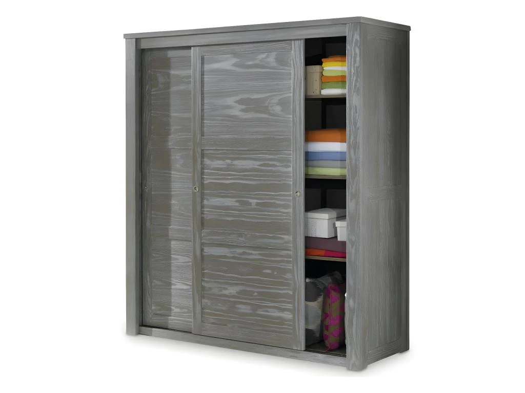 Armoire 2 Portes Coulissantes Bois Massif Gris - GABRIEL 3 Armoire 2 Portes Coulissantes Bois Massif Gris - GABRIEL