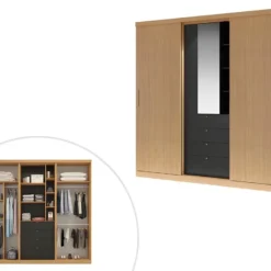 Armoire 2 Portes Coulissantes - Miroir Et Tiroirs - L240cm - Coloris : Naturel Et Noir - BODIL -Sominova Soldes Boutique armoire et dressing 3685151