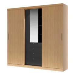 Armoire 2 Portes Coulissantes - Miroir Et Tiroirs - L240cm - Coloris : Naturel Et Noir - BODIL -Sominova Soldes Boutique armoire et dressing 3685155