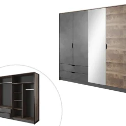 Armoire 4 Portes Et 2 Tiroirs - Avec Miroir - L220 Cm - Coloris : Naturel Et Anthracite - LAONILE -Sominova Soldes Boutique armoire et dressing 6817823