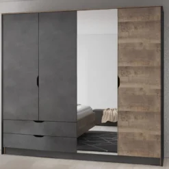 Armoire 4 Portes Et 2 Tiroirs - Avec Miroir - L220 Cm - Coloris : Naturel Et Anthracite - LAONILE