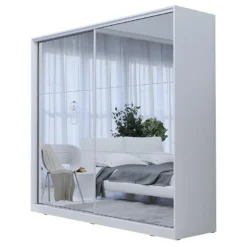 Armoire Blanche 200cm Avec Miroirs, Portes Coulissantes. Collection CALABRE.