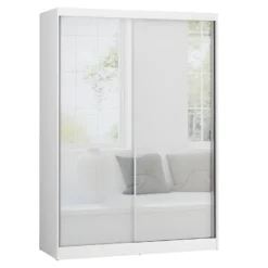 Armoire Blanche 150cm Avec Miroirs, Portes Coulissantes Et Pack étagères. Collection BRISBANE.