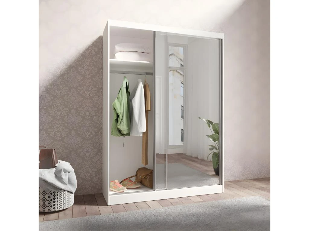 Armoire Blanche 150cm Avec Miroirs, Portes Coulissantes Et Pack étagères. Collection BRISBANE. 4 Armoire Blanche 150cm Avec Miroirs, Portes Coulissantes Et Pack étagères. Collection BRISBANE. – Image 2