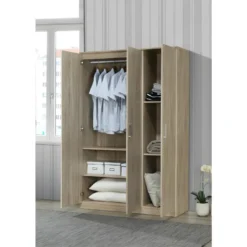 Armoire/Garde Robe BARTIN, 3 Portes, Contemporaine Chêne Sonoma Et Poignées Grises.