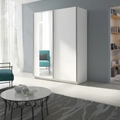 Armoire, Garde Robe GOZU 150 Cm Deux Portes Coulissantes. Dressing Complet Avec Miroir, Penderie Et étagères. Coloris Blanc 6 Armoire, Garde Robe GOZU 150 Cm Deux Portes Coulissantes. Dressing Complet Avec Miroir, Penderie Et étagères. Coloris Blanc -Sominova Soldes Boutique armoire et dressing 9576549