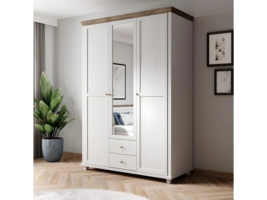 Armoire 150x220 Avec 3 Portes Et 2 Tiroirs. Coloris Blanc Et Chêne. Collection ASSIA 4 Armoire 150x220 Avec 3 Portes Et 2 Tiroirs. Coloris Blanc Et Chêne. Collection ASSIA – Image 2