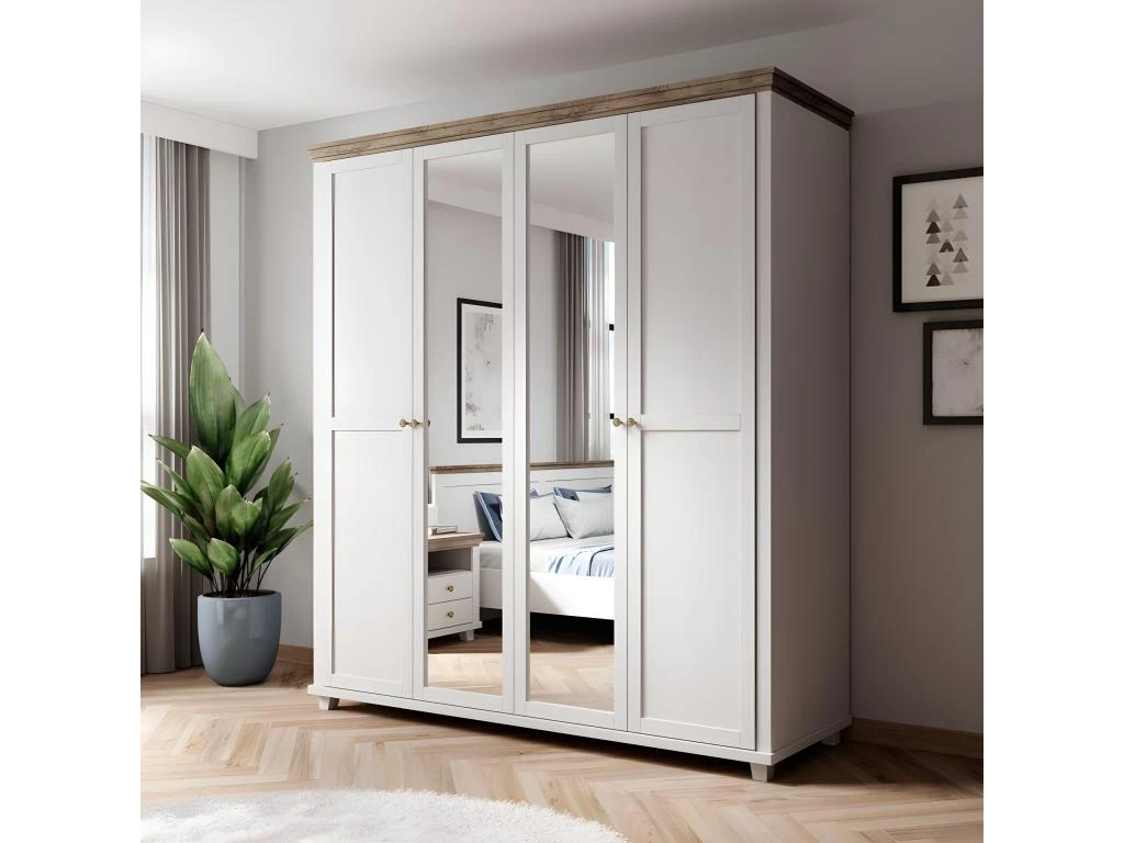 Armoire 200x220 Avec 4 Portes. Coloris Blanc Et Chêne. Collection ASSIA 4 Armoire 200x220 Avec 4 Portes. Coloris Blanc Et Chêne. Collection ASSIA – Image 2
