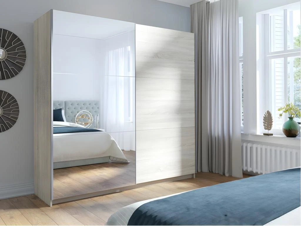 Armoire, Garde Robe ARSALA 200 Cm Deux Portes Coulissantes. Dressing Complet Avec Miroir, Penderie Et étagères. Type Scandinave 3 Armoire, Garde Robe ARSALA 200 Cm Deux Portes Coulissantes. Dressing Complet Avec Miroir, Penderie Et étagères. Type Scandinave