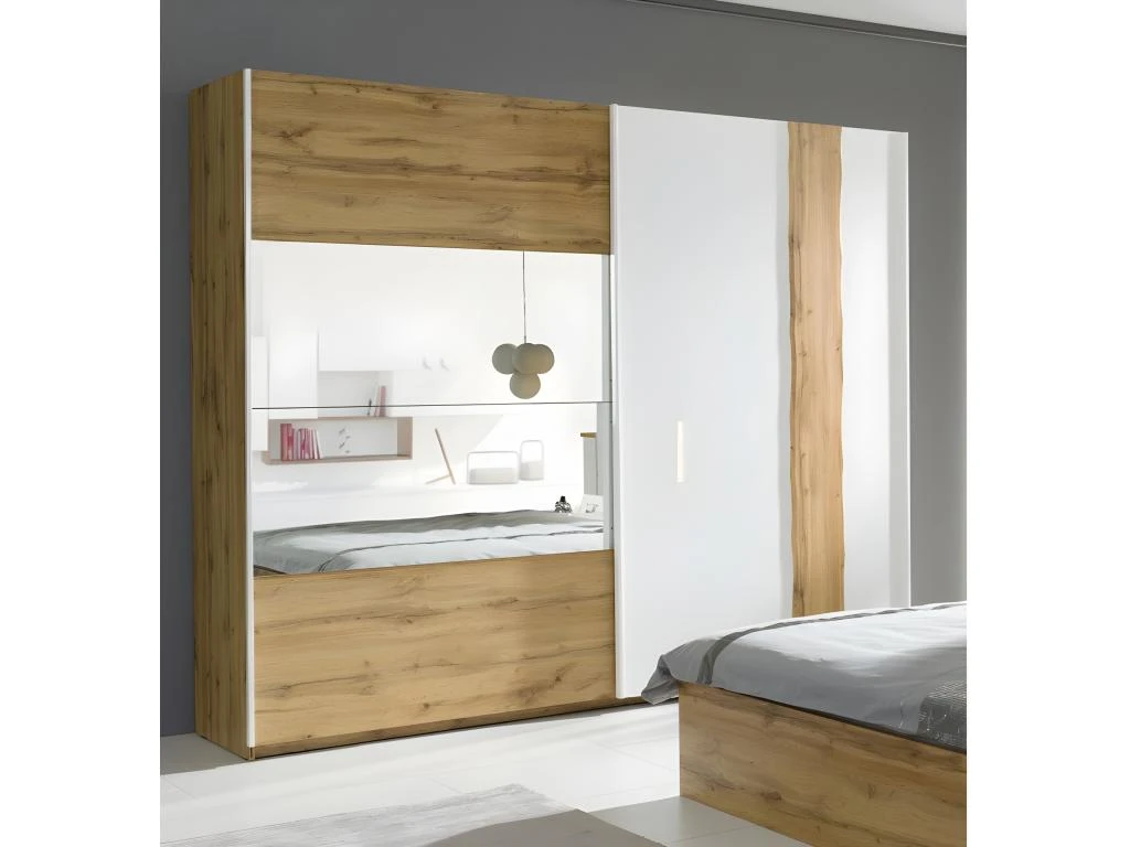 Armoire, Garde Robe WOOD Deux Portes Coulissantes 250 Cm. Coloris Chêne Et Blanc Brillant. Meuble Pour Chambre à Coucher 3 Armoire, Garde Robe WOOD Deux Portes Coulissantes 250 Cm. Coloris Chêne Et Blanc Brillant. Meuble Pour Chambre à Coucher