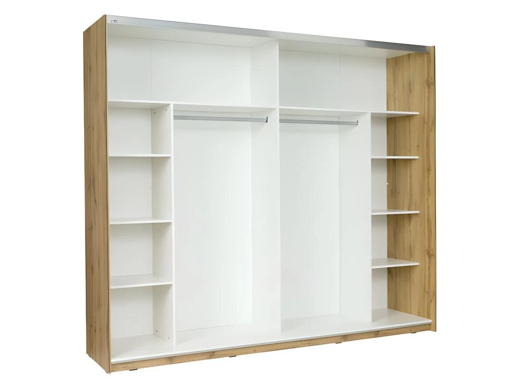 Armoire, Garde Robe WOOD Deux Portes Coulissantes 250 Cm. Coloris Chêne Et Blanc Brillant. Meuble Pour Chambre à Coucher 4 Armoire, Garde Robe WOOD Deux Portes Coulissantes 250 Cm. Coloris Chêne Et Blanc Brillant. Meuble Pour Chambre à Coucher – Image 2