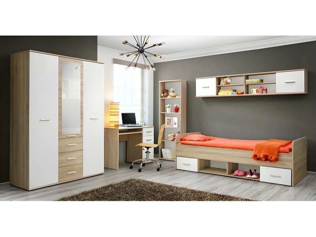 Armoire Chambre D'enfant Design Coloris Chêne Et Blanc Avec 3 Portes Battantes Et 3 Tiroirs Collection DENVER. 5 Armoire Chambre D'enfant Design Coloris Chêne Et Blanc Avec 3 Portes Battantes Et 3 Tiroirs Collection DENVER. – Image 3