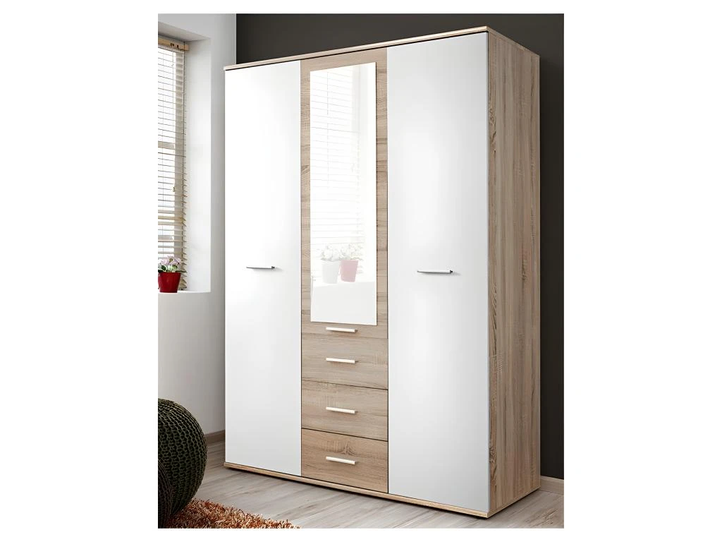 Armoire Chambre D'enfant Design Coloris Chêne Et Blanc Avec 3 Portes Battantes Et 3 Tiroirs Collection DENVER. 6 Armoire Chambre D'enfant Design Coloris Chêne Et Blanc Avec 3 Portes Battantes Et 3 Tiroirs Collection DENVER. – Image 4
