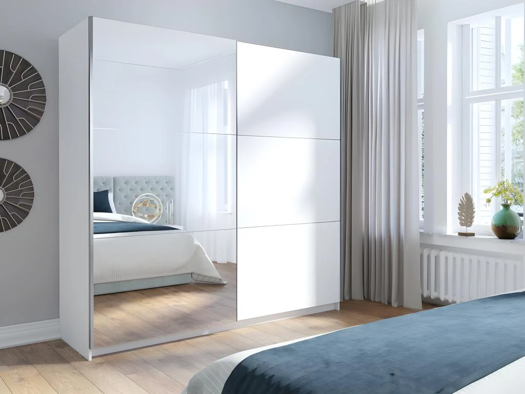 Armoire, Garde Robe ARSALA 200 Cm Deux Portes Coulissantes. Dressing Complet Avec Miroir, Penderie Et étagères. Coloris Blanc 3 Armoire, Garde Robe ARSALA 200 Cm Deux Portes Coulissantes. Dressing Complet Avec Miroir, Penderie Et étagères. Coloris Blanc