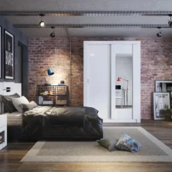 Armoire PETTERI - 2 Portes Coulissantes - Avec Miroir - L.152 Cm - Blanc