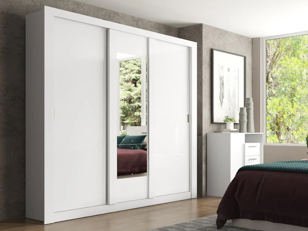 Armoire Avec Miroir ROXANE - 3 Portes Coulissantes - L. 220 Cm - Blanc 3 Armoire Avec Miroir ROXANE - 3 Portes Coulissantes - L. 220 Cm - Blanc