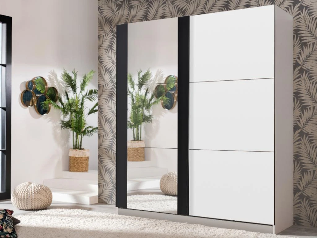 Armoire SUTERA - 2 Portes Coulissantes - Avec Miroir - L.217 Cm - Blanc Et Noir 4 Armoire SUTERA - 2 Portes Coulissantes - Avec Miroir - L.217 Cm - Blanc Et Noir – Image 2