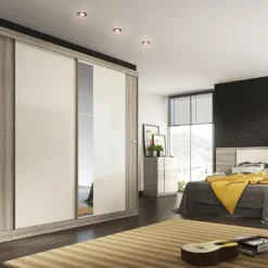 Armoire 2 Portes Coulissantes - Avec Miroir - L231cm - Coloris : Naturel Et Ivoire - ADALRIK II