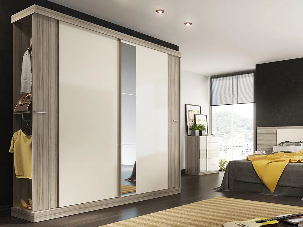 Armoire 2 Portes Coulissantes - Avec Miroir - L231cm - Coloris : Naturel Et Ivoire - ADALRIK II 4 Armoire 2 Portes Coulissantes - Avec Miroir - L231cm - Coloris : Naturel Et Ivoire - ADALRIK II – Image 2