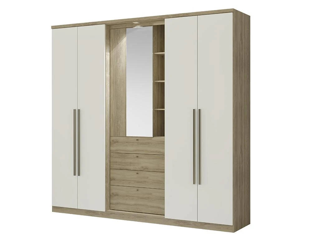 Armoire ISAK II - 4 Portes - Miroir Et Tiroirs - L240 Cm - Chêne Et Ivoire 5 Armoire ISAK II - 4 Portes - Miroir Et Tiroirs - L240 Cm - Chêne Et Ivoire – Image 3
