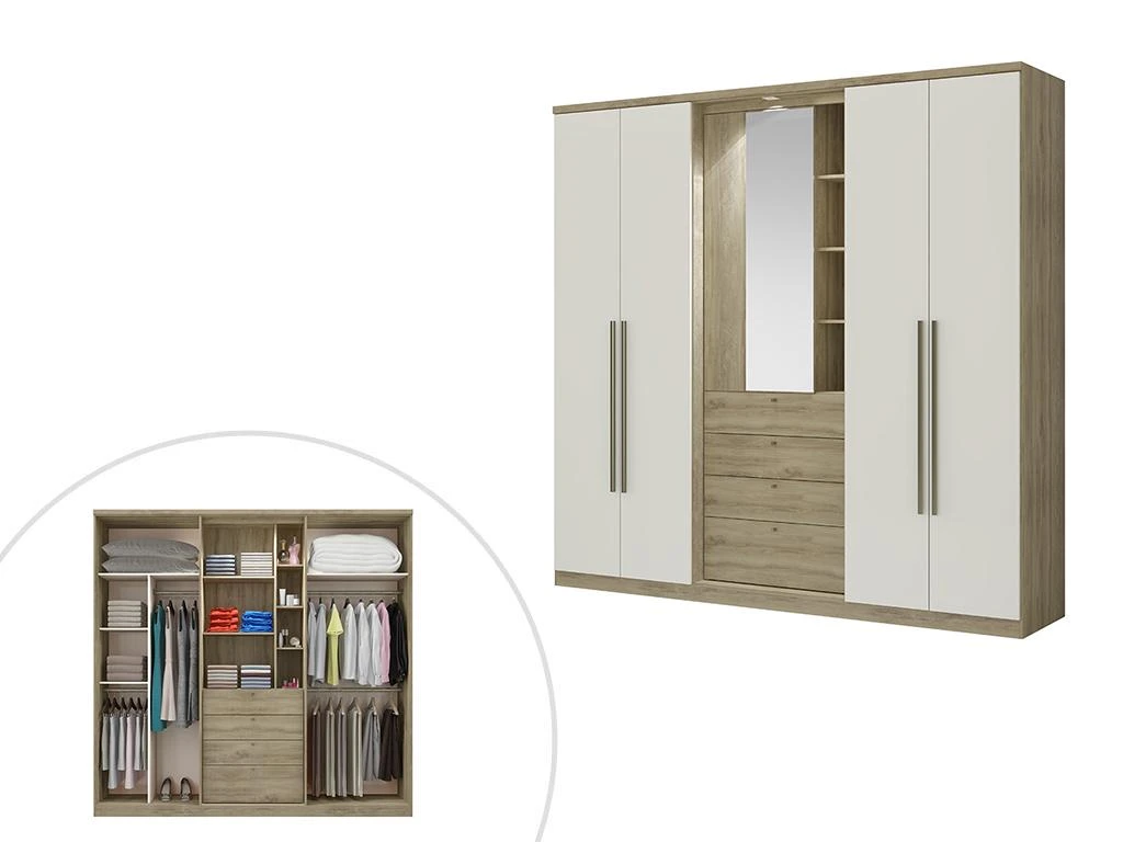 Armoire ISAK II - 4 Portes - Miroir Et Tiroirs - L240 Cm - Chêne Et Ivoire 7 Armoire ISAK II - 4 Portes - Miroir Et Tiroirs - L240 Cm - Chêne Et Ivoire – Image 5