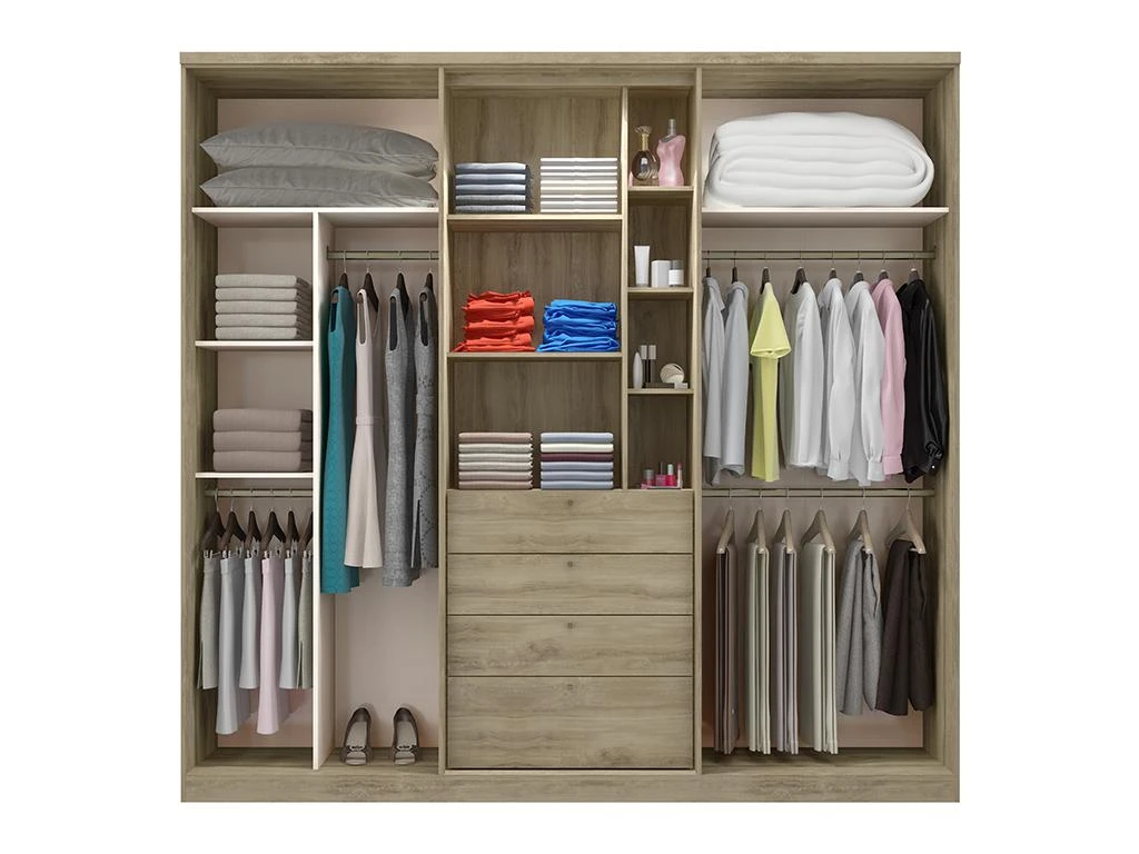 Armoire ISAK II - 4 Portes - Miroir Et Tiroirs - L240 Cm - Chêne Et Ivoire 6 Armoire ISAK II - 4 Portes - Miroir Et Tiroirs - L240 Cm - Chêne Et Ivoire – Image 4