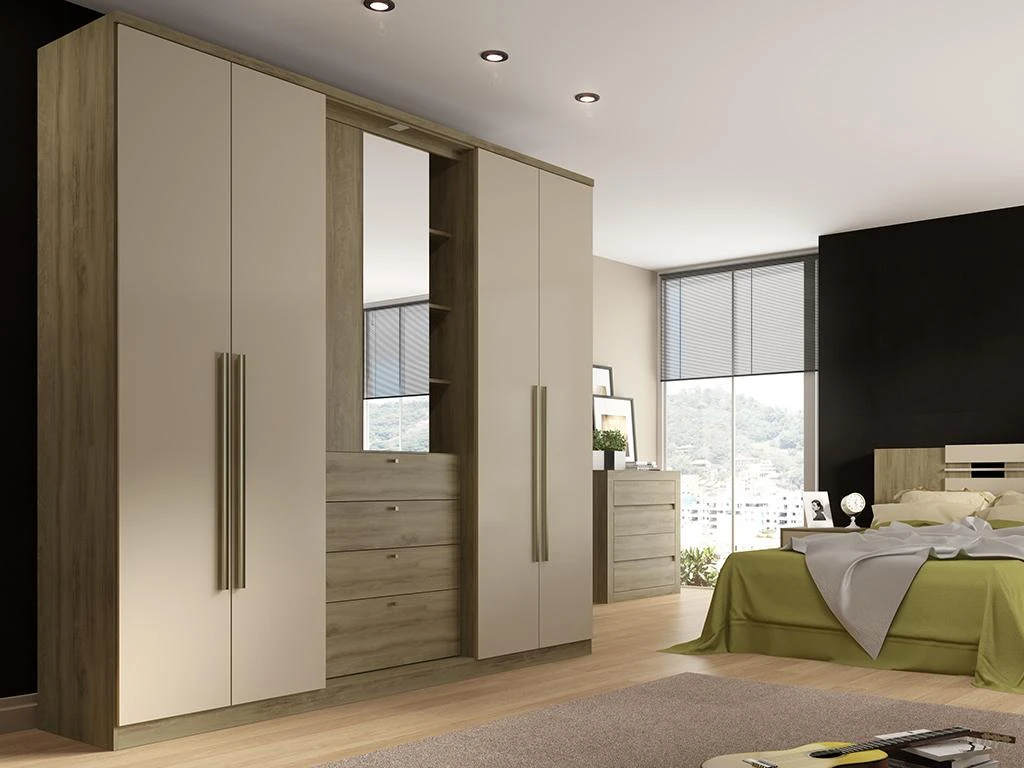 Armoire ISAK II - 4 Portes - Miroir Et Tiroirs - L240 Cm - Chêne Et Ivoire 4 Armoire ISAK II - 4 Portes - Miroir Et Tiroirs - L240 Cm - Chêne Et Ivoire – Image 2