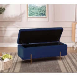 Banc Coffre En Velours HERVE - Bleu Nuit