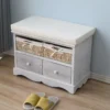Banquette Gris En Bois 2 Tiroirs 2 Paniers En Osier Shabby 46x60x33 -Sominova Soldes Boutique banc 12573555
