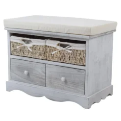 Banquette Gris En Bois 2 Tiroirs 2 Paniers En Osier Shabby 46x60x33 -Sominova Soldes Boutique banc 12573561