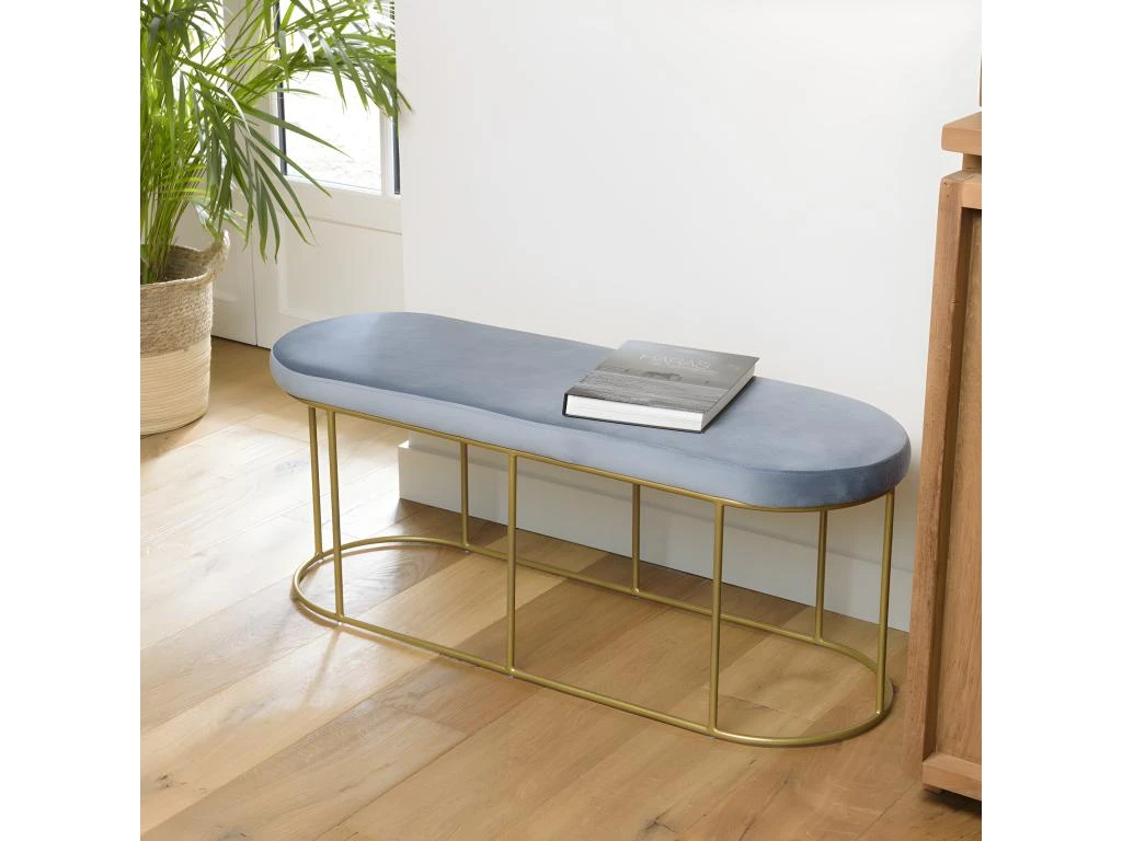 ALBANE - Banc Velours Bleu Pieds Arrondis Métal Doré 3 ALBANE - Banc Velours Bleu Pieds Arrondis Métal Doré