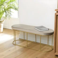 ALBANE - Banc Velours Gris Taupe Pieds Arrondis Métal Doré