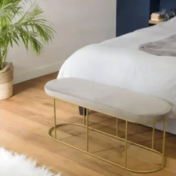 ALBANE - Banc Velours Gris Taupe Pieds Arrondis Métal Doré -Sominova Soldes Boutique banc 14638963