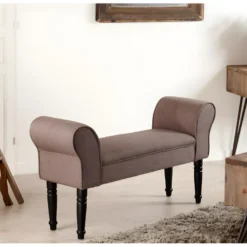 ARTHUR - Banc De Lit Rectangulaire Tissu Couleur Taupe Pieds Bois Noir