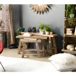 NOLAN - Set De 3 Bancs Gigognes Marrons Bois Mahogany - Esprit Brocante