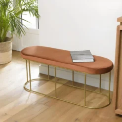 ALBANE - Banc Velours Orange Pieds Arrondis Métal Doré