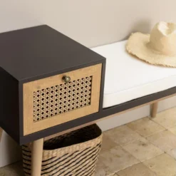 CHARLIE - Banc Marron Assise Noire 1 Tiroir Effet Cannage -Sominova Soldes Boutique banc 14667943