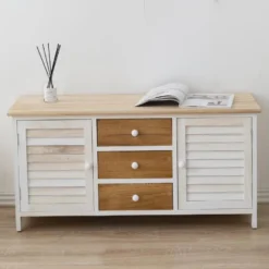 Banc Meuble 3 Tiroirs 2 Porte Bois Blanc Beige 44x90x34