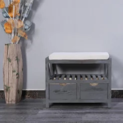 Banc Banquette Assise 2 Tiroirs Bois Gris Shabby Chic 43x65x34