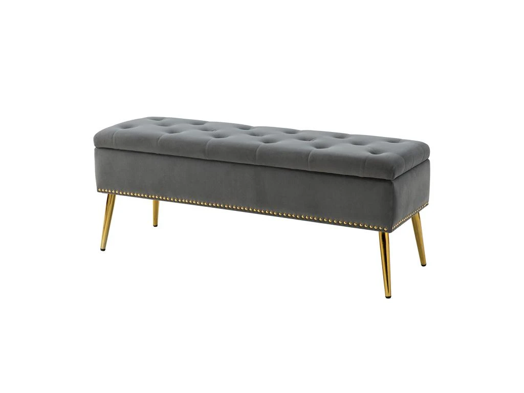 Banc De Rangement Moderne En Velours Avec Base Dorée Et Garniture Cloutée, Banc De Chambre Rembourré Pour Bout De Lit, Repose-Pieds Capitonné Pour Entrée, Salon, Salle à Manger, Gris 3 Banc De Rangement Moderne En Velours Avec Base Dorée Et Garniture Cloutée, Banc De Chambre Rembourré Pour Bout De Lit, Repose-Pieds Capitonné Pour Entrée, Salon, Salle à Manger, Gris