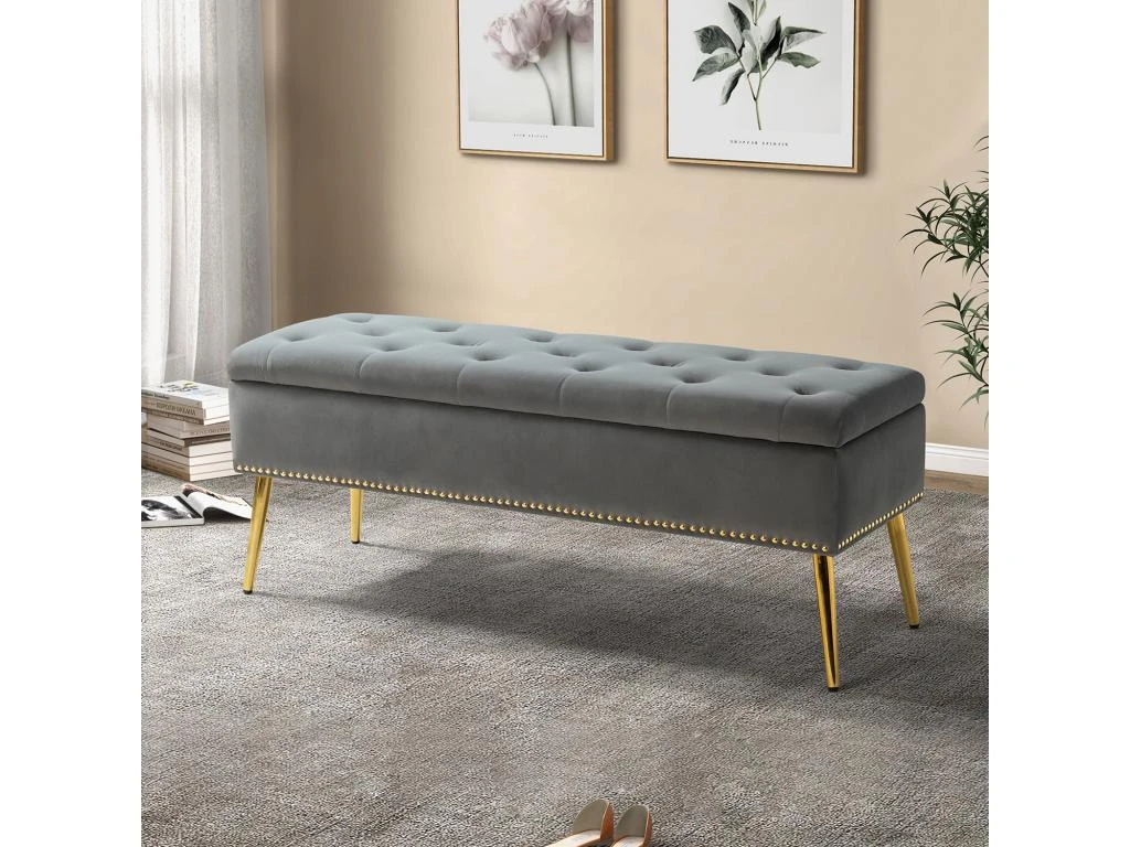 Banc De Rangement Moderne En Velours Avec Base Dorée Et Garniture Cloutée, Banc De Chambre Rembourré Pour Bout De Lit, Repose-Pieds Capitonné Pour Entrée, Salon, Salle à Manger, Gris 4 Banc De Rangement Moderne En Velours Avec Base Dorée Et Garniture Cloutée, Banc De Chambre Rembourré Pour Bout De Lit, Repose-Pieds Capitonné Pour Entrée, Salon, Salle à Manger, Gris – Image 2